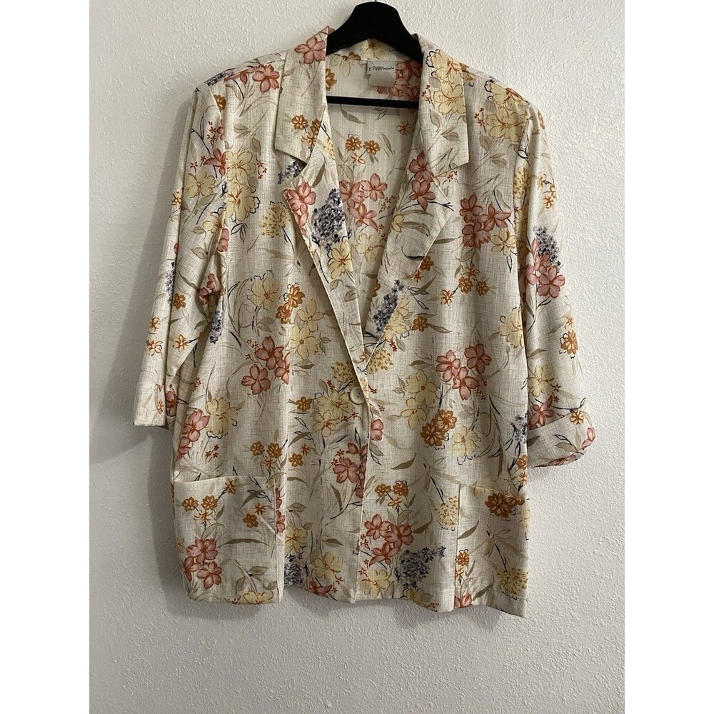 Modern Essentials Floral Linen Womens 3/4 Sleeve Cottage Boho Blazer L D11